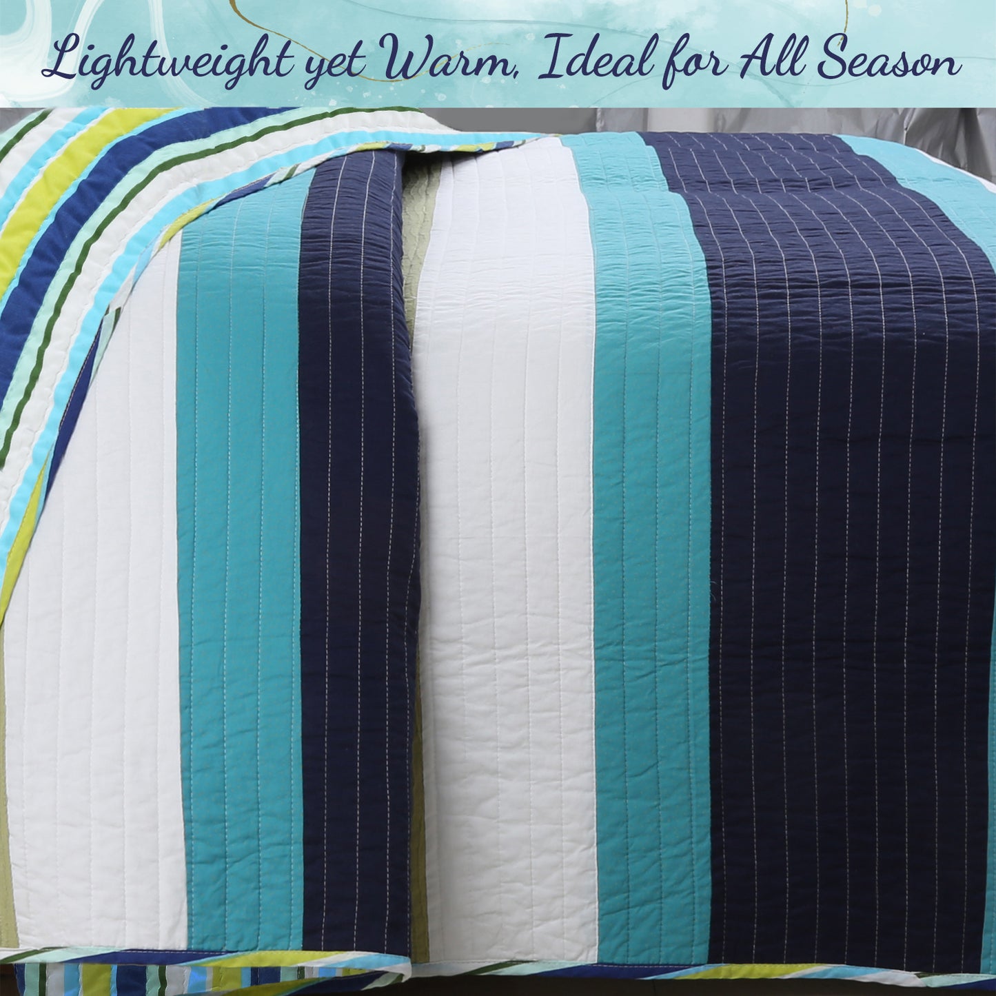 Aquamarine Striped Navy Blue Green Star Dot Cotton Reversible Quilt Bedding Set