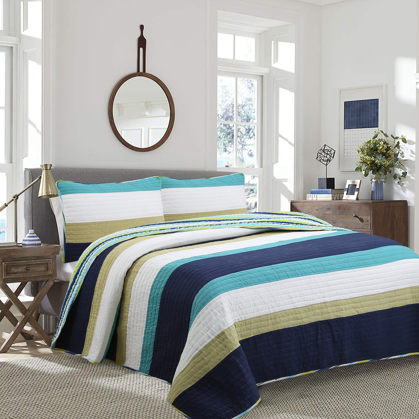Aquamarine Striped Navy Blue Green Star Dot Cotton Reversible Quilt Bedding Set