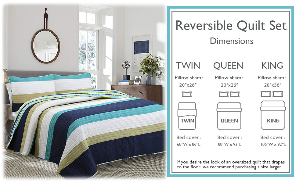 Aquamarine Striped Navy Blue Green Star Dot Cotton Reversible Quilt Bedding Set