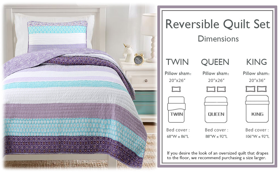 Purple Cosmos Spring Floral Stripe Garden Lavender Teal Ruffle Cotton Reversible Quilt Bedding Set