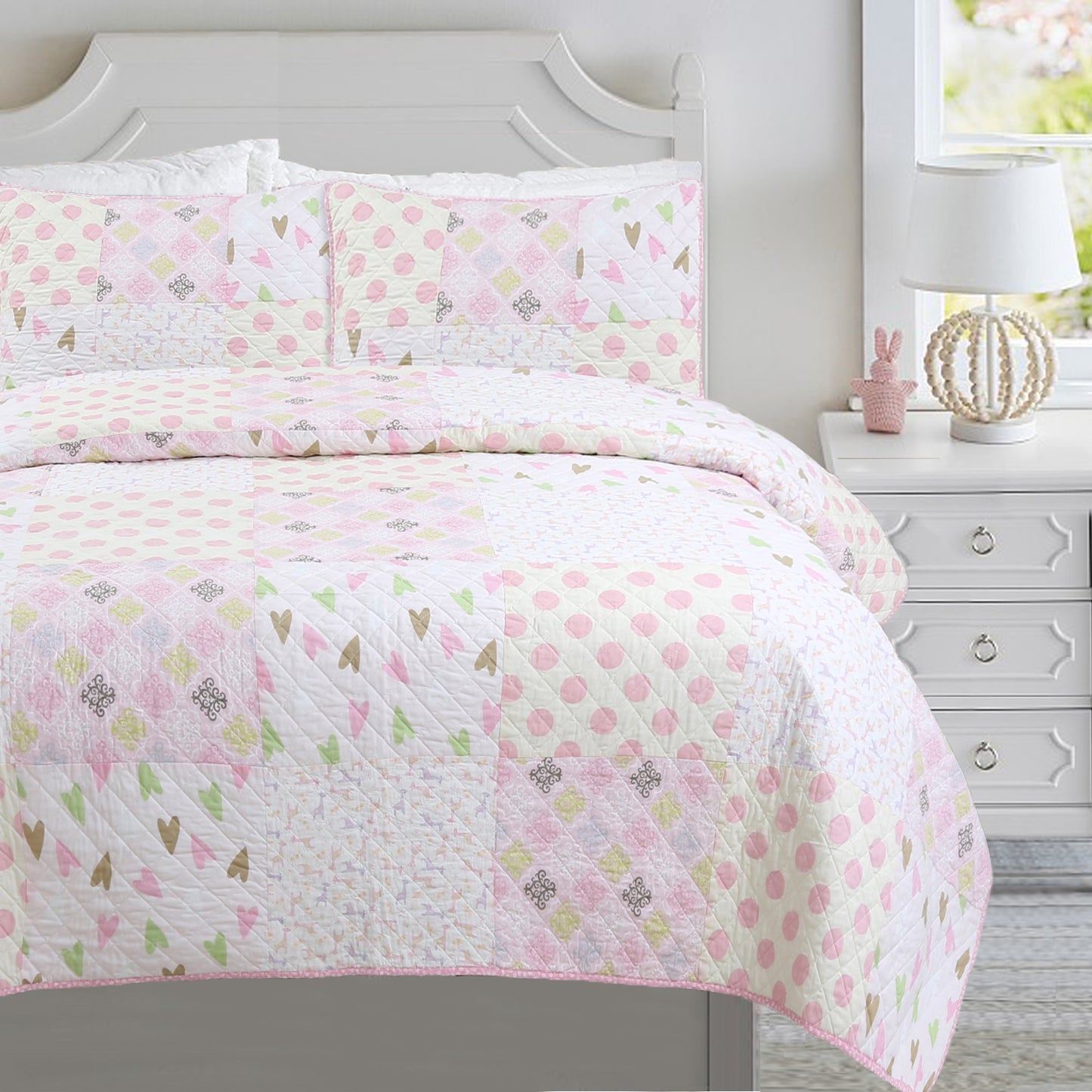 Pink Heart Floral Dot Giraffe Medallion Real Patchwork Cotton Reversible Quilt Bedding Set