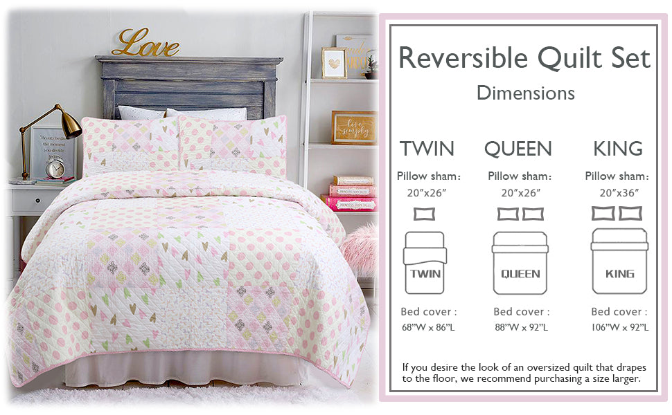 Pink Heart Floral Dot Giraffe Medallion Real Patchwork Cotton Reversible Quilt Bedding Set