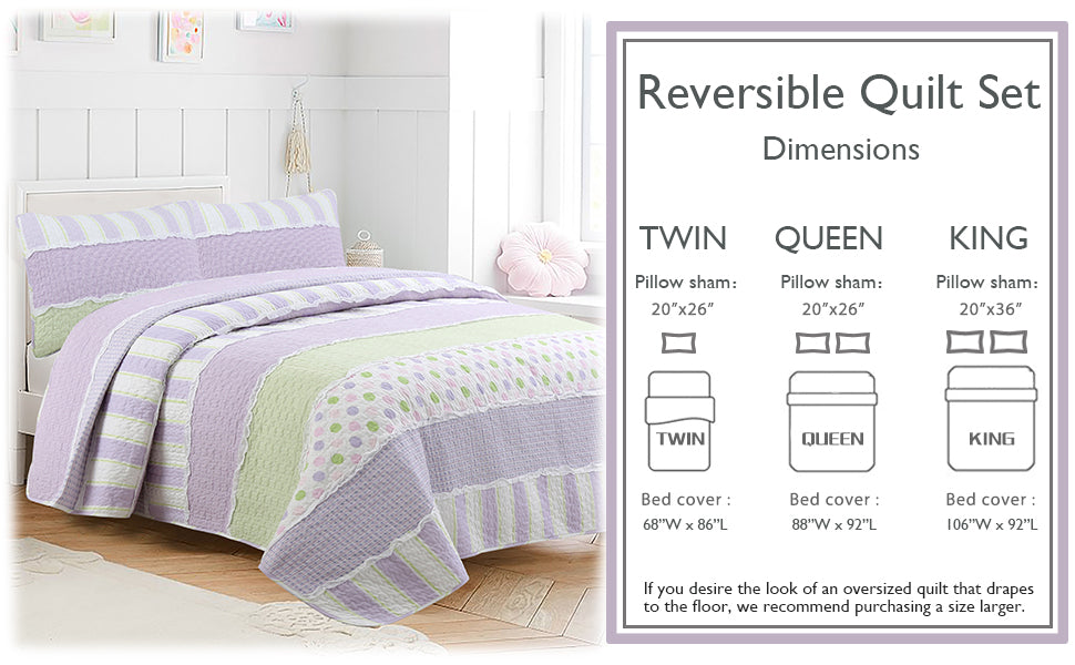 Lilac Purple Green Stripe Polka Dot Checker White Ruffle Real Patchwork Cotton Reversible Quilt Bedding Set
