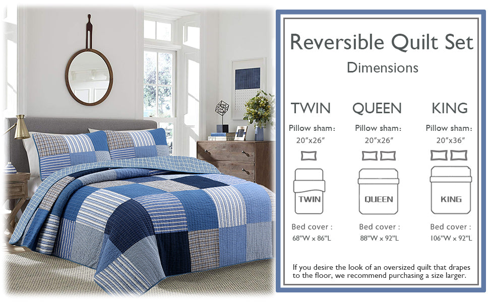 Blue Jean Plaid Stripes Tartan Real Patchwork Cotton Reversible Quilt Bedding Set