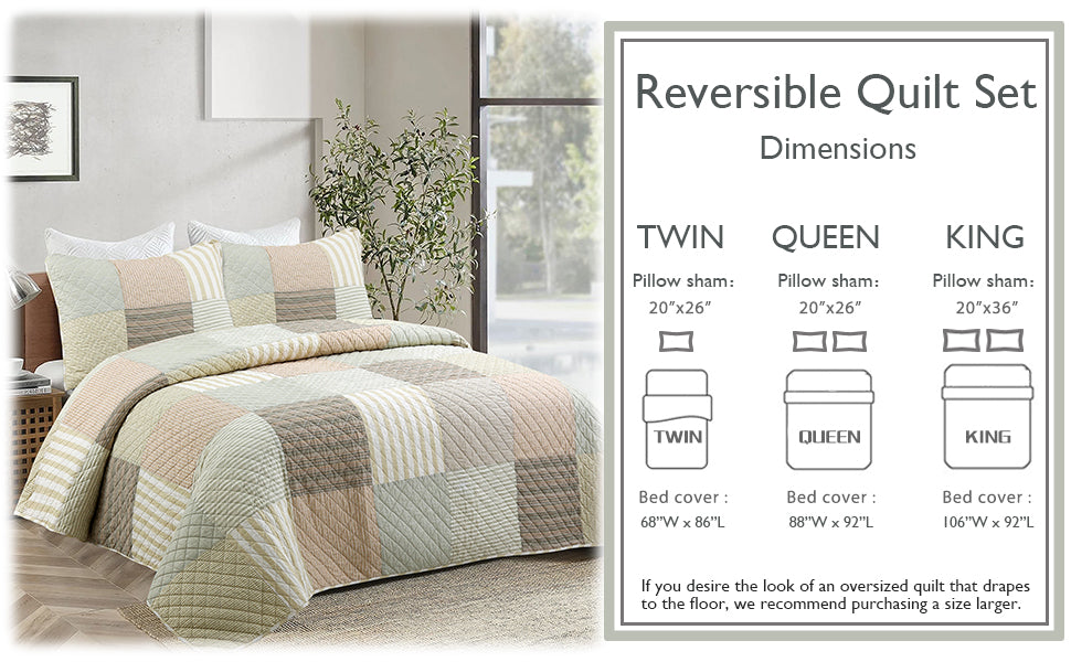 Earth Tone Brown Tan Beige Stripe Checker Real Patchwork 3-Piece Cotton Reversible Quilt Bedding Set