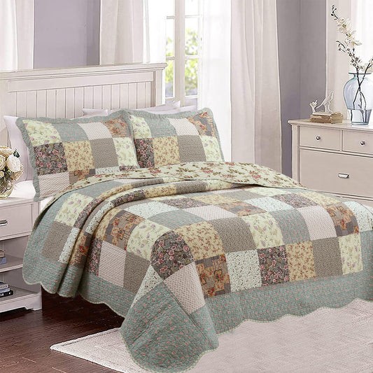 Country Floral Chic Scalloped Real Patchwork Cotton 3-Piece Quilt Bedding Set