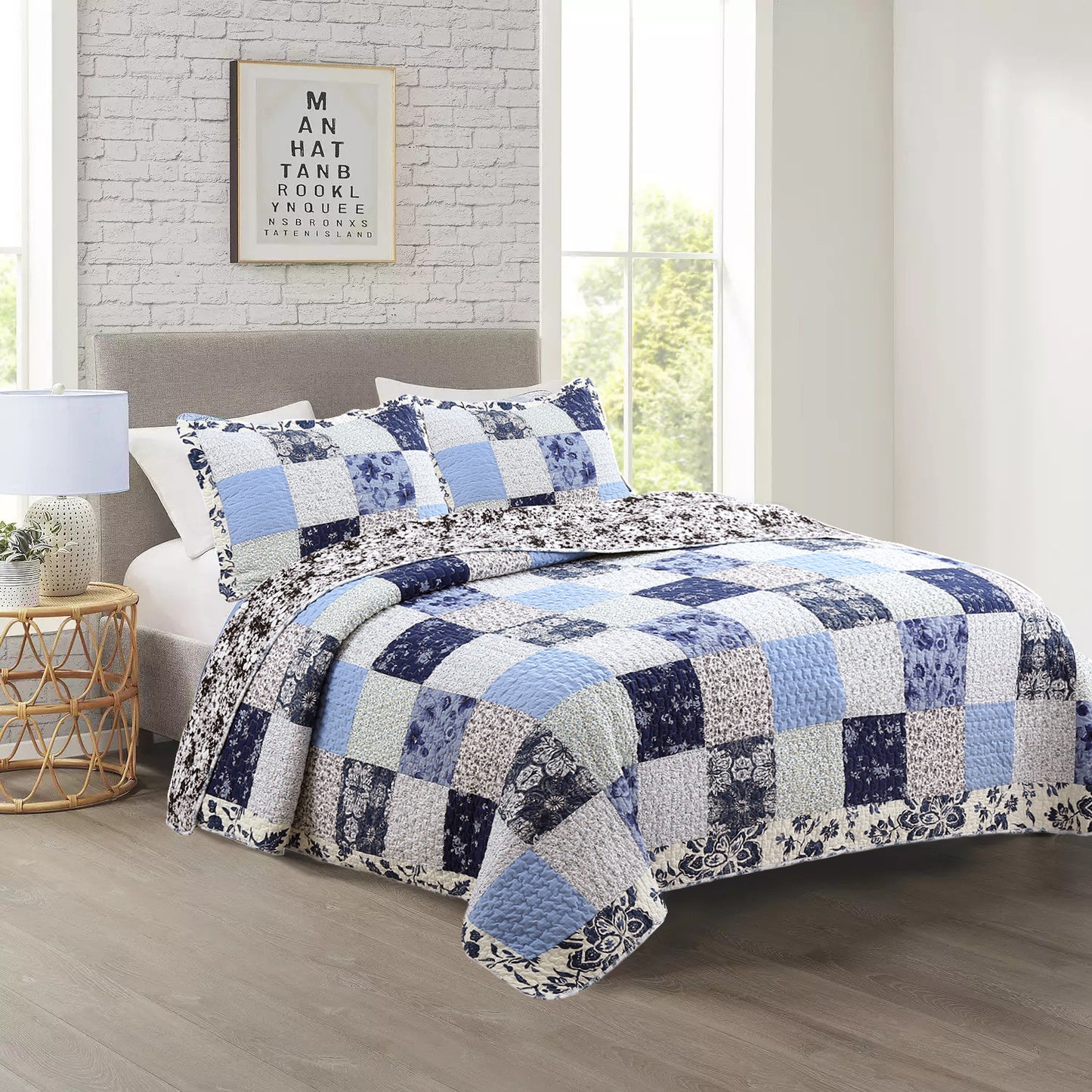 Azure Blue Floral Garden Patchwork 3 Piece Cotton Reversible Quilt Bedding Set