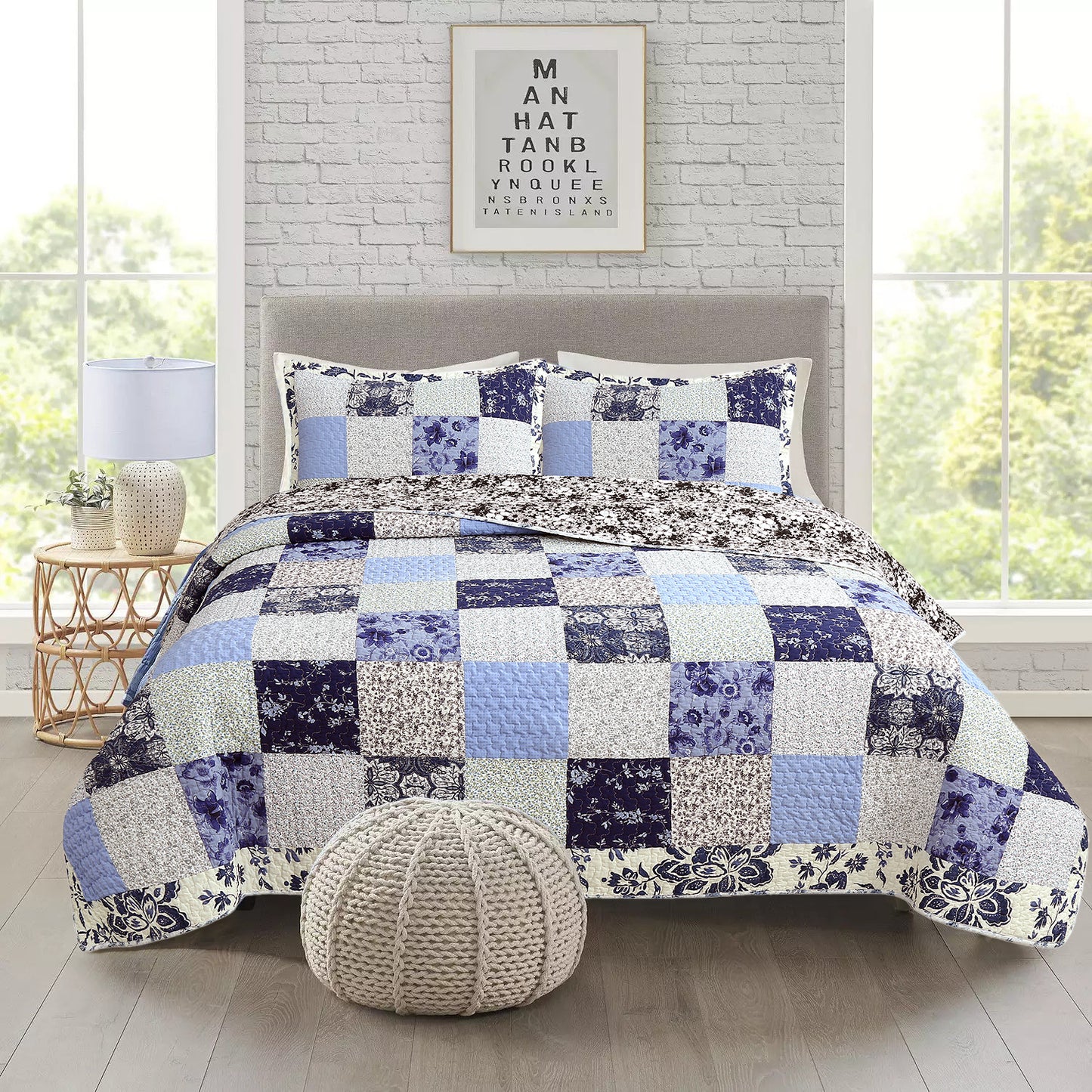 Azure Blue Floral Garden Patchwork 3 Piece Cotton Reversible Quilt Bedding Set