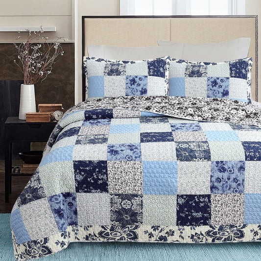Azure Blue Floral Garden Patchwork 3 Piece Cotton Reversible Quilt Bedding Set