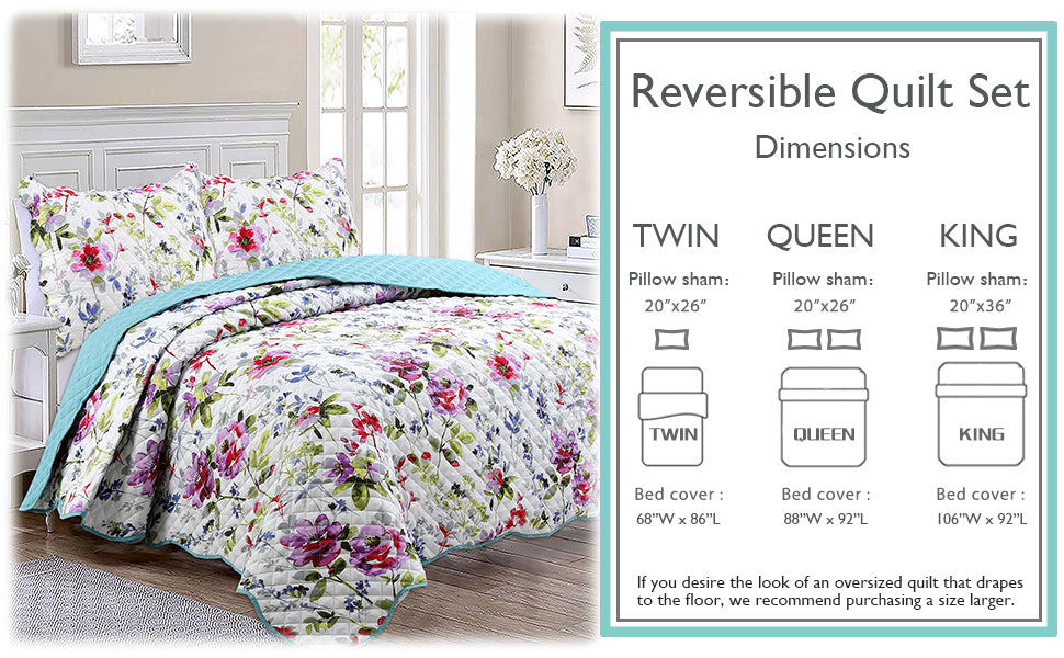 Vibrant Colorful Rose Watercolor Floral Bloom Purple Queen 3-Piece Reversible Quilt Bedding Set