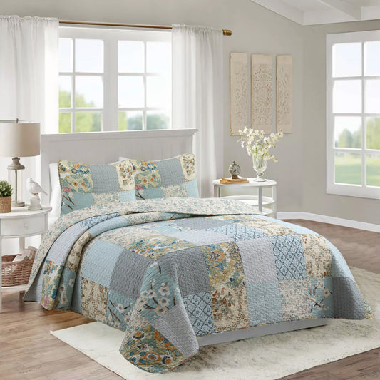 Sky Blue Floral Patens Ogee Patchwork Cotton Quilt Bedding Set