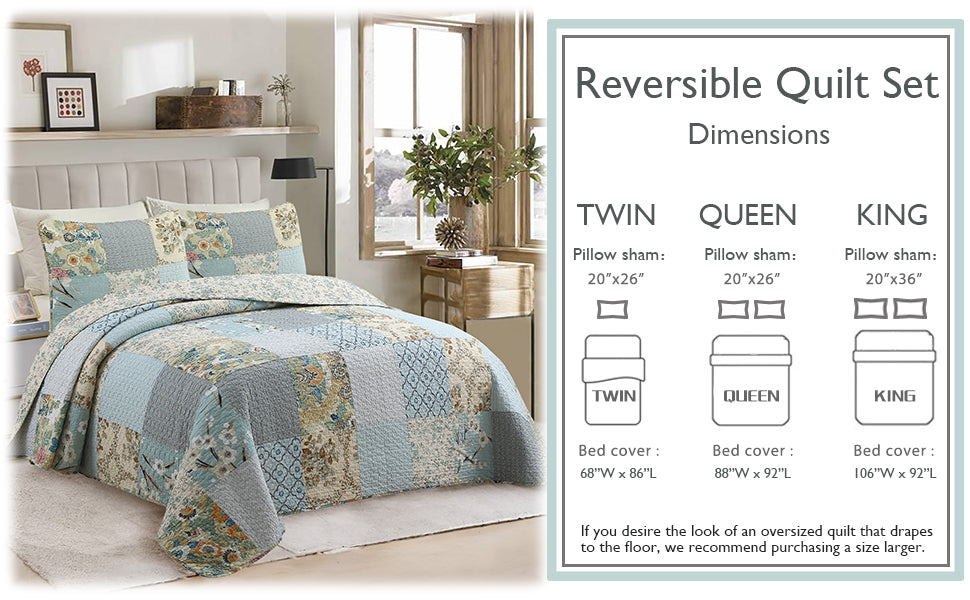 Sky Blue Floral Patens Ogee Patchwork Cotton Quilt Bedding Set