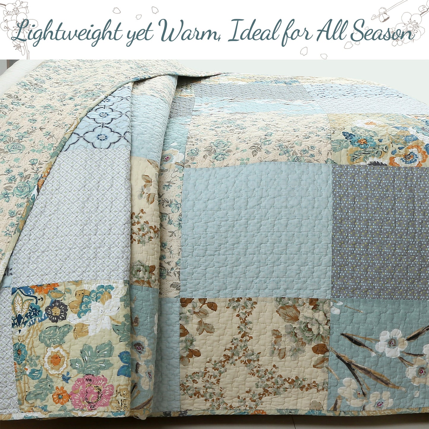 Sky Blue Floral Patens Ogee Patchwork Cotton Quilt Bedding Set