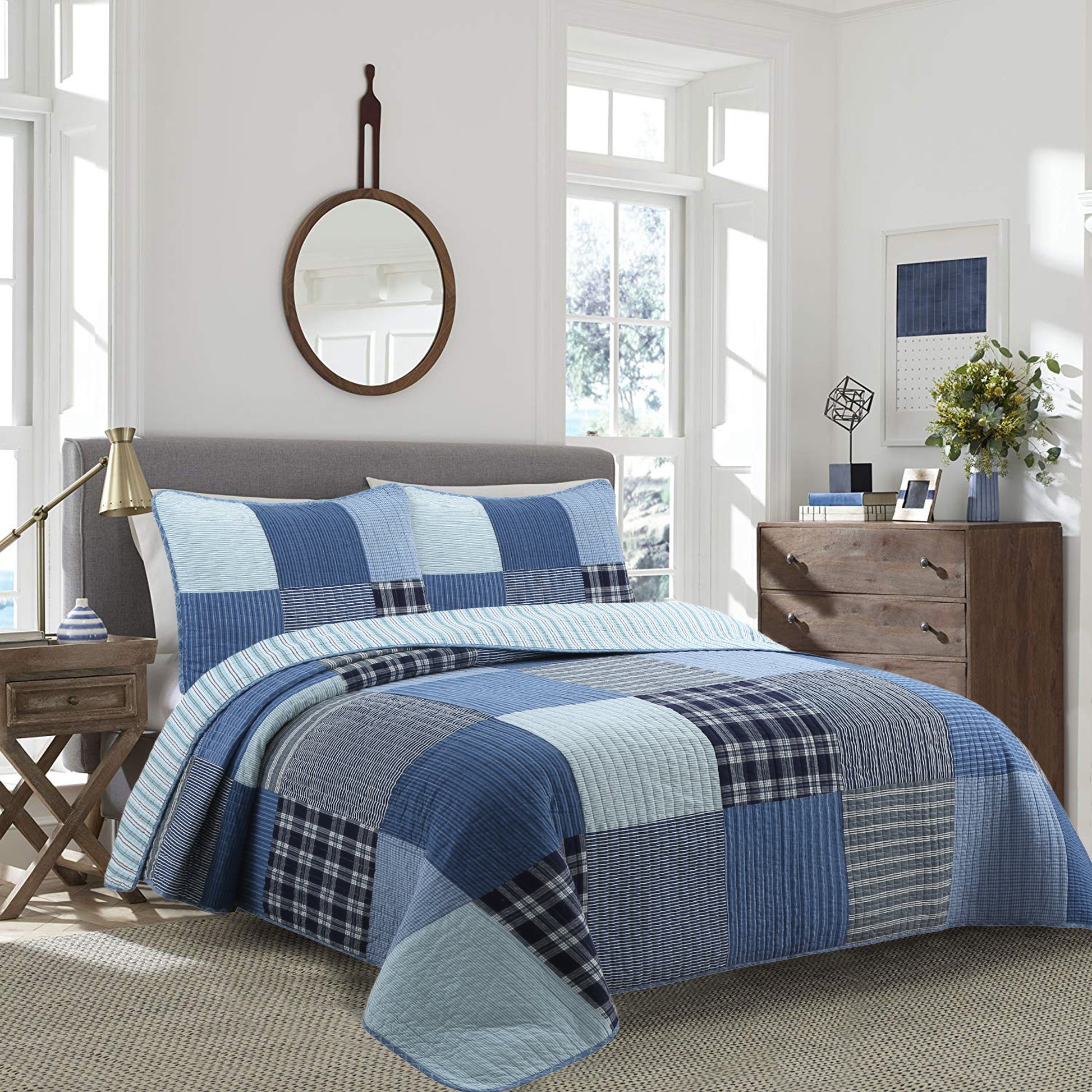 Navy Klein Blue Plaid Stripe Tartan Patchwork Cotton Reversible Quilt Bedding Set