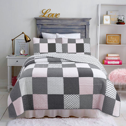 Halftone Black White Subtle Pink Polka Dot Patchwork Cotton Quilt Bedding Set
