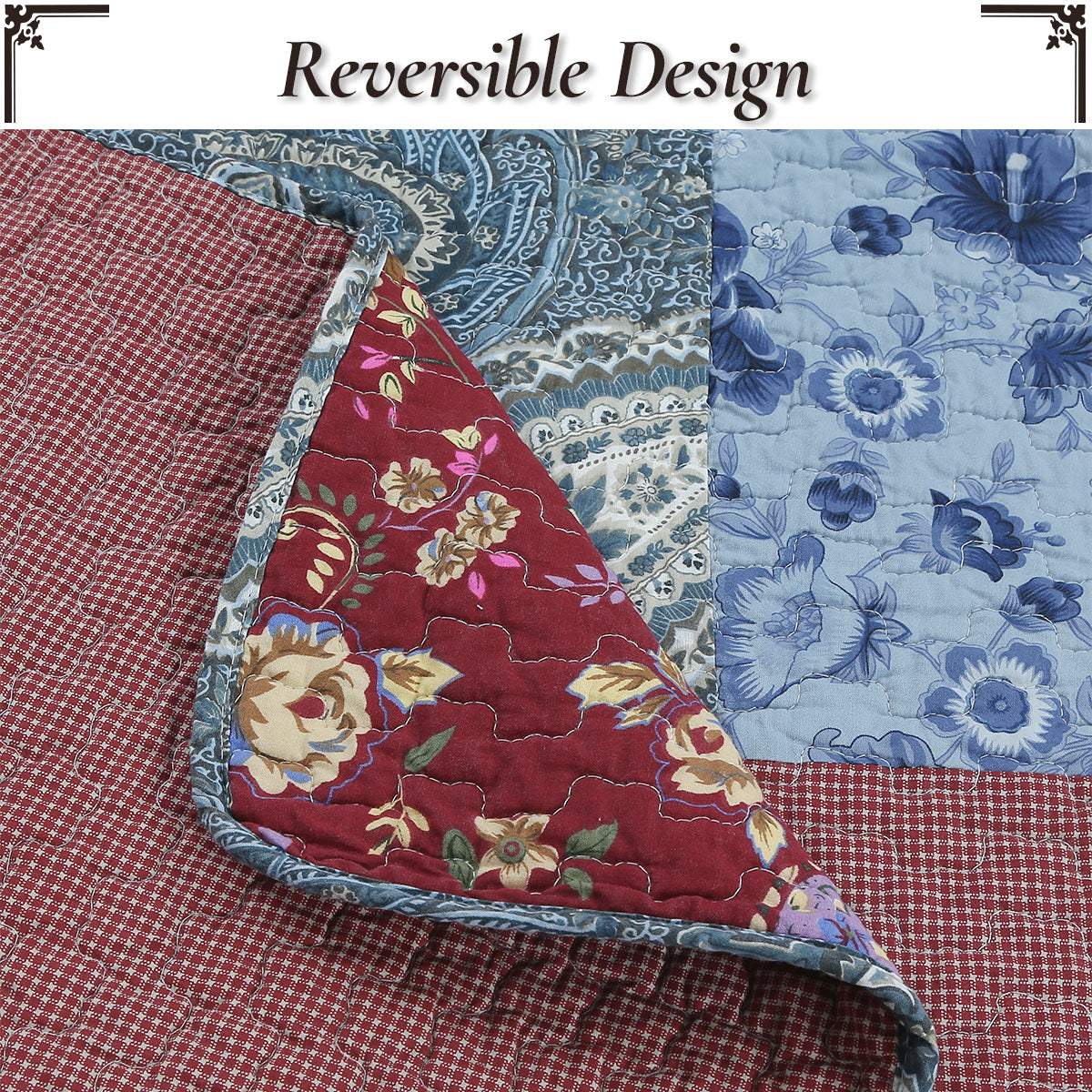 Country Cozy Blue Rose Floral Paisley Garden Cotton 3 Piece Patchwork Quilt Bedding Set