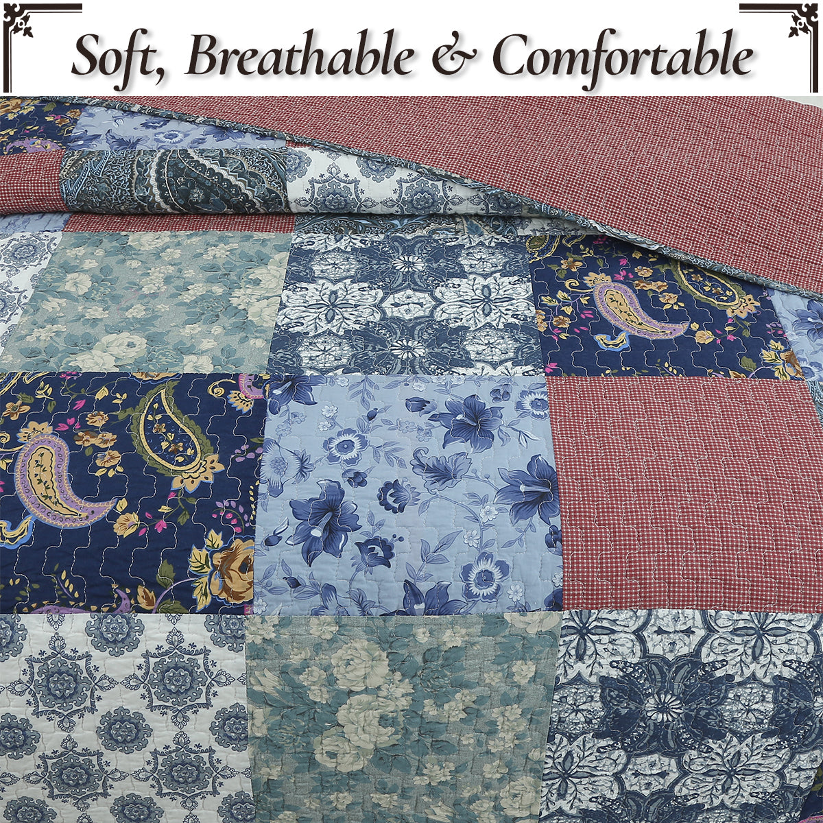 Country Cozy Blue Rose Floral Paisley Garden Cotton 3 Piece Patchwork Quilt Bedding Set