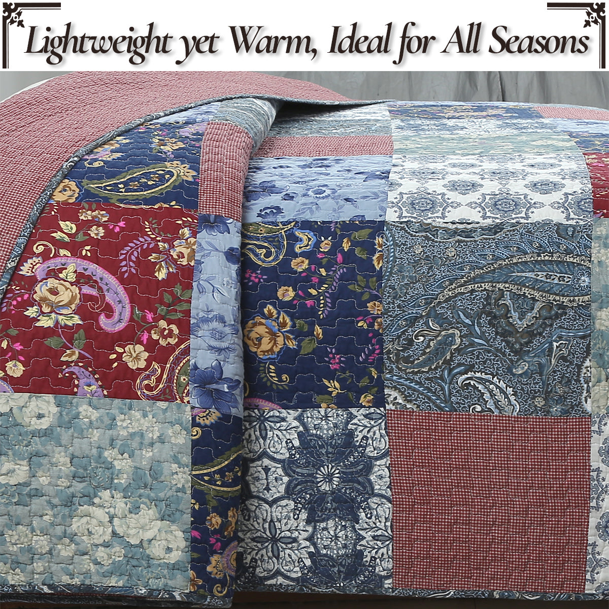 Country Cozy Blue Rose Floral Paisley Garden Cotton 3 Piece Patchwork Quilt Bedding Set