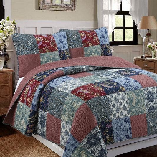 Country Cozy Blue Rose Floral Paisley Garden Cotton 3 Piece Patchwork Quilt Bedding Set