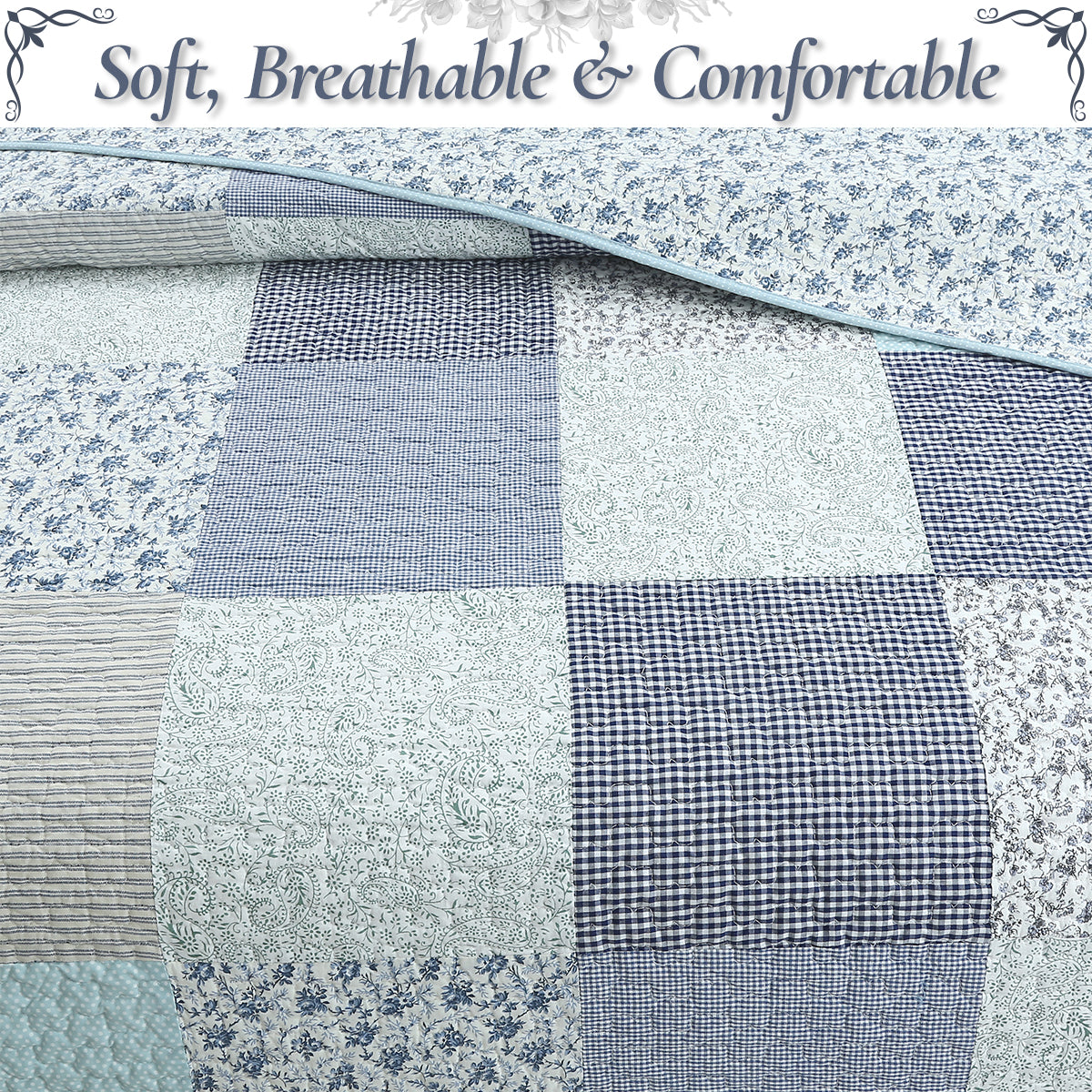 Subtle Cozy Blue Checker Cottage Floral  Stripe Cotton 3 Piece Patchwork Quilt Bedding Set