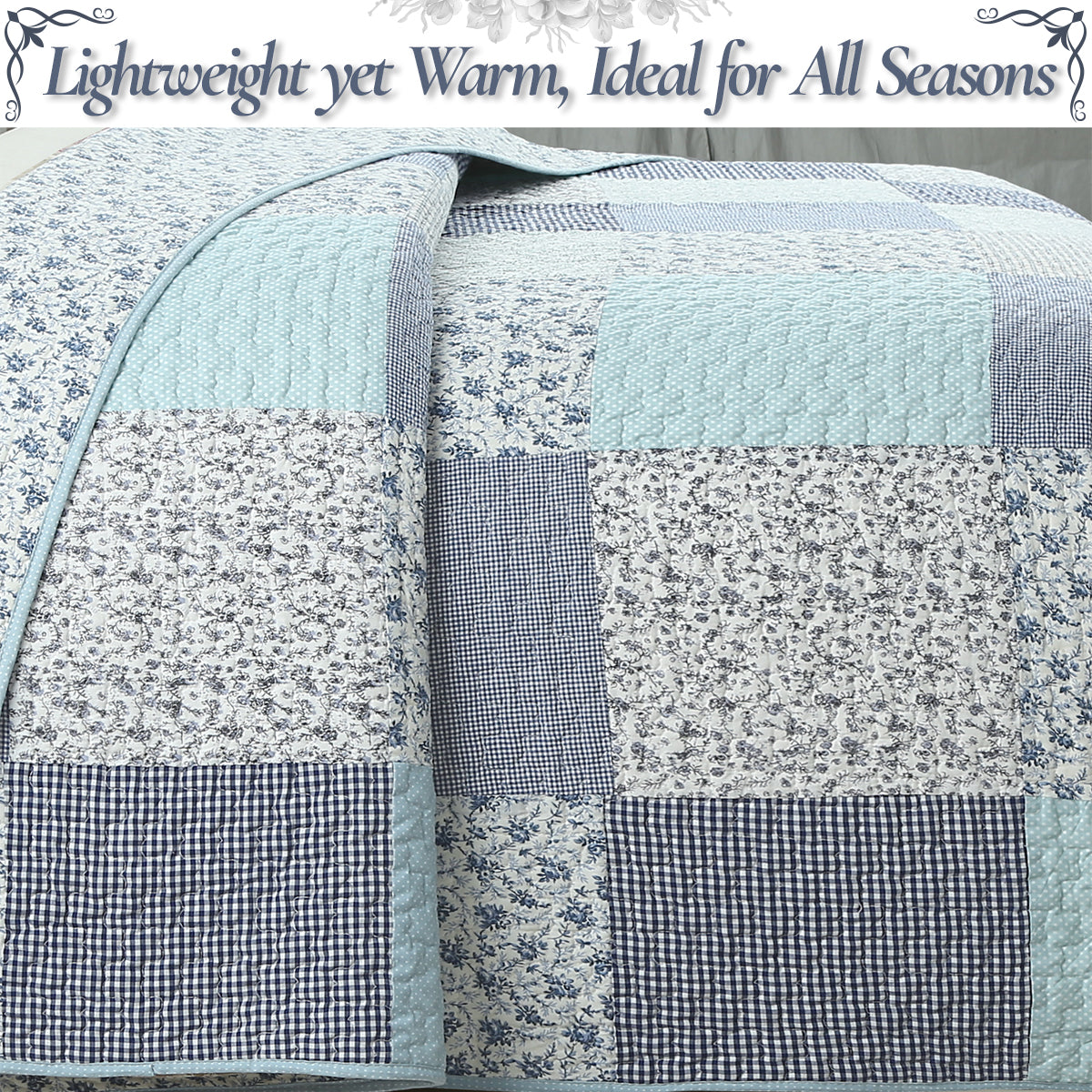 Subtle Cozy Blue Checker Cottage Floral  Stripe Cotton 3 Piece Patchwork Quilt Bedding Set