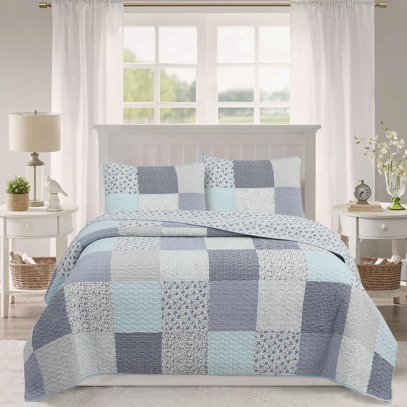Subtle Cozy Blue Checker Cottage Floral  Stripe Cotton 3 Piece Patchwork Quilt Bedding Set