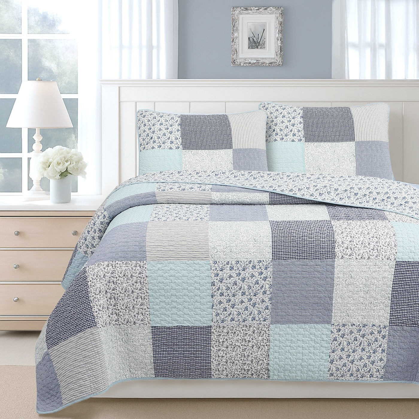 Subtle Cozy Blue Checker Cottage Floral  Stripe Cotton 3 Piece Patchwork Quilt Bedding Set