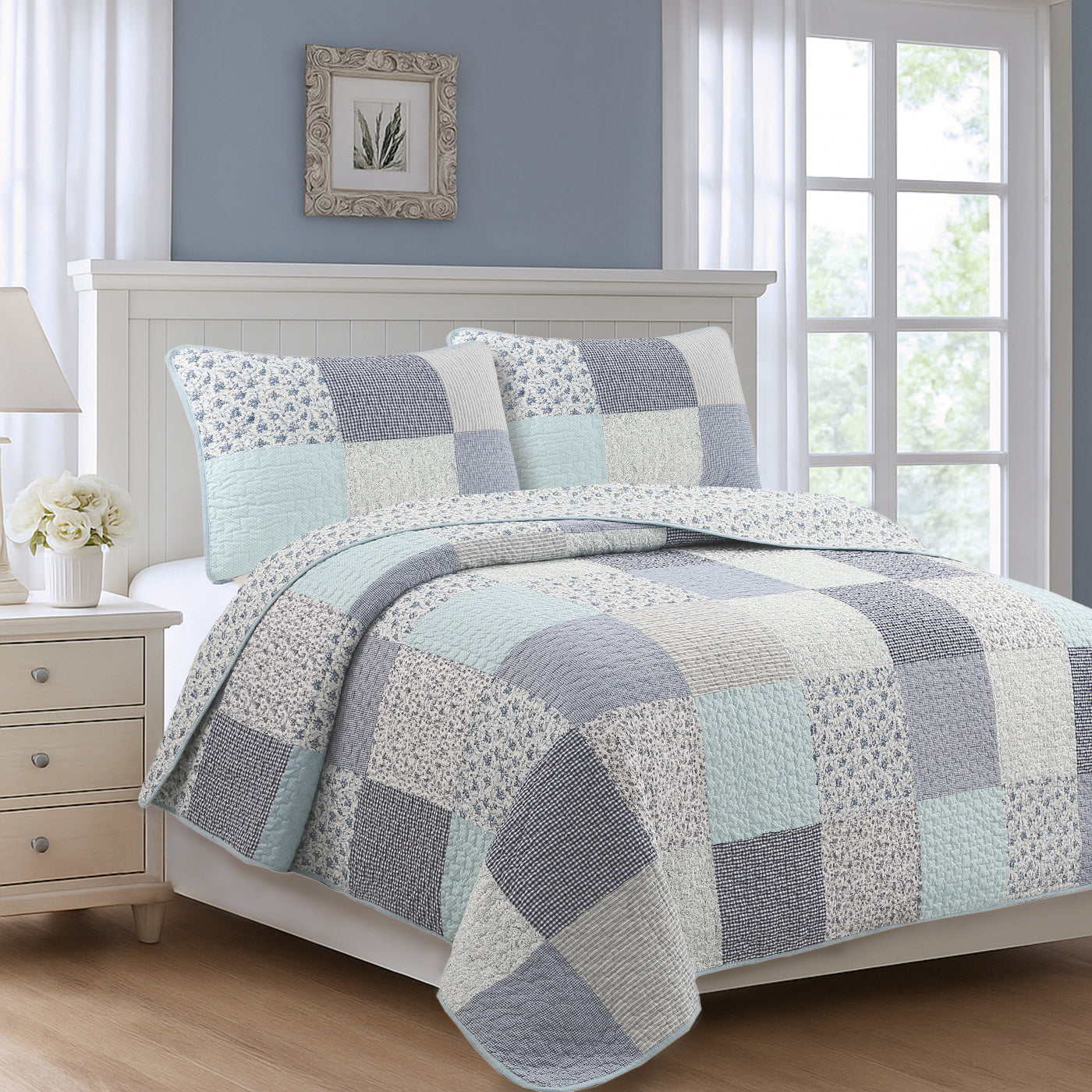 Subtle Cozy Blue Checker Cottage Floral  Stripe Cotton 3 Piece Patchwork Quilt Bedding Set