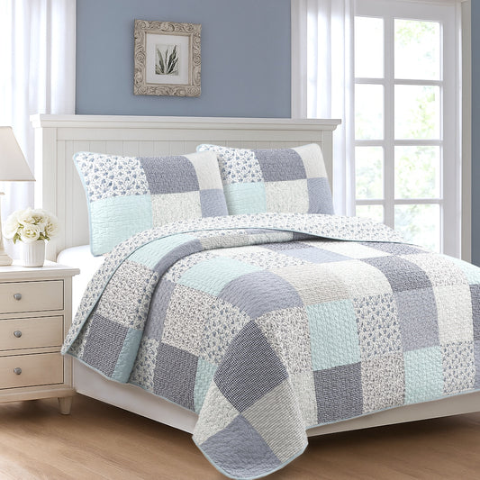 Subtle Cozy Blue Checker Cottage Floral  Stripe Cotton 3 Piece Patchwork Quilt Bedding Set
