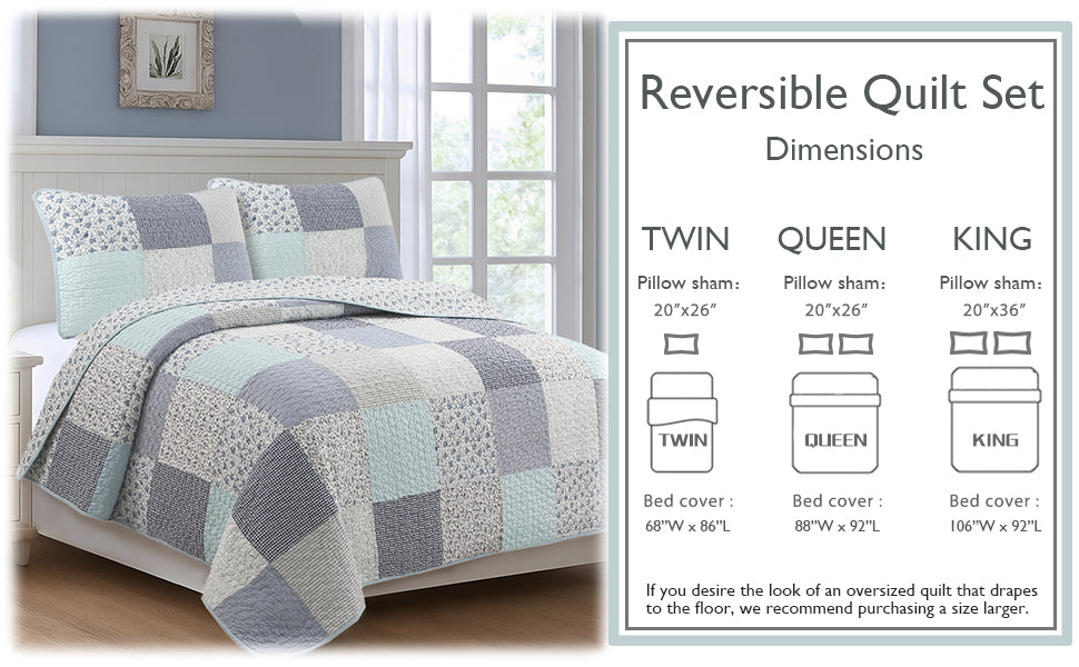 Subtle Cozy Blue Checker Cottage Floral  Stripe Cotton 3 Piece Patchwork Quilt Bedding Set
