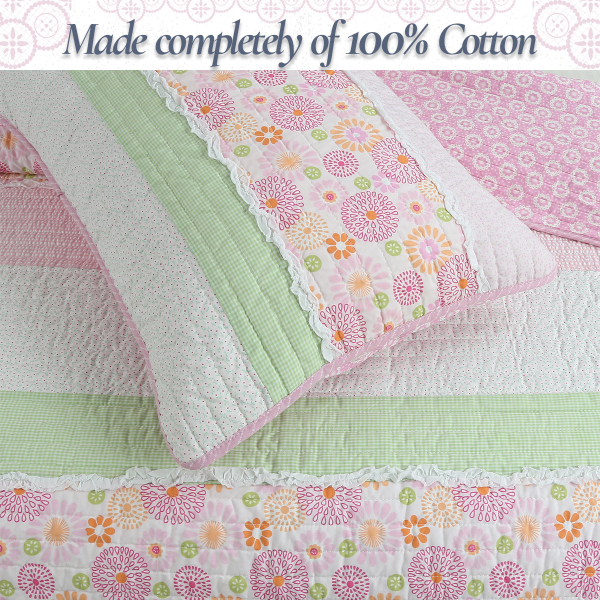 Pink Floral Fun Whimsy Gingham Stripe Cotton Quilt Bedding Set
