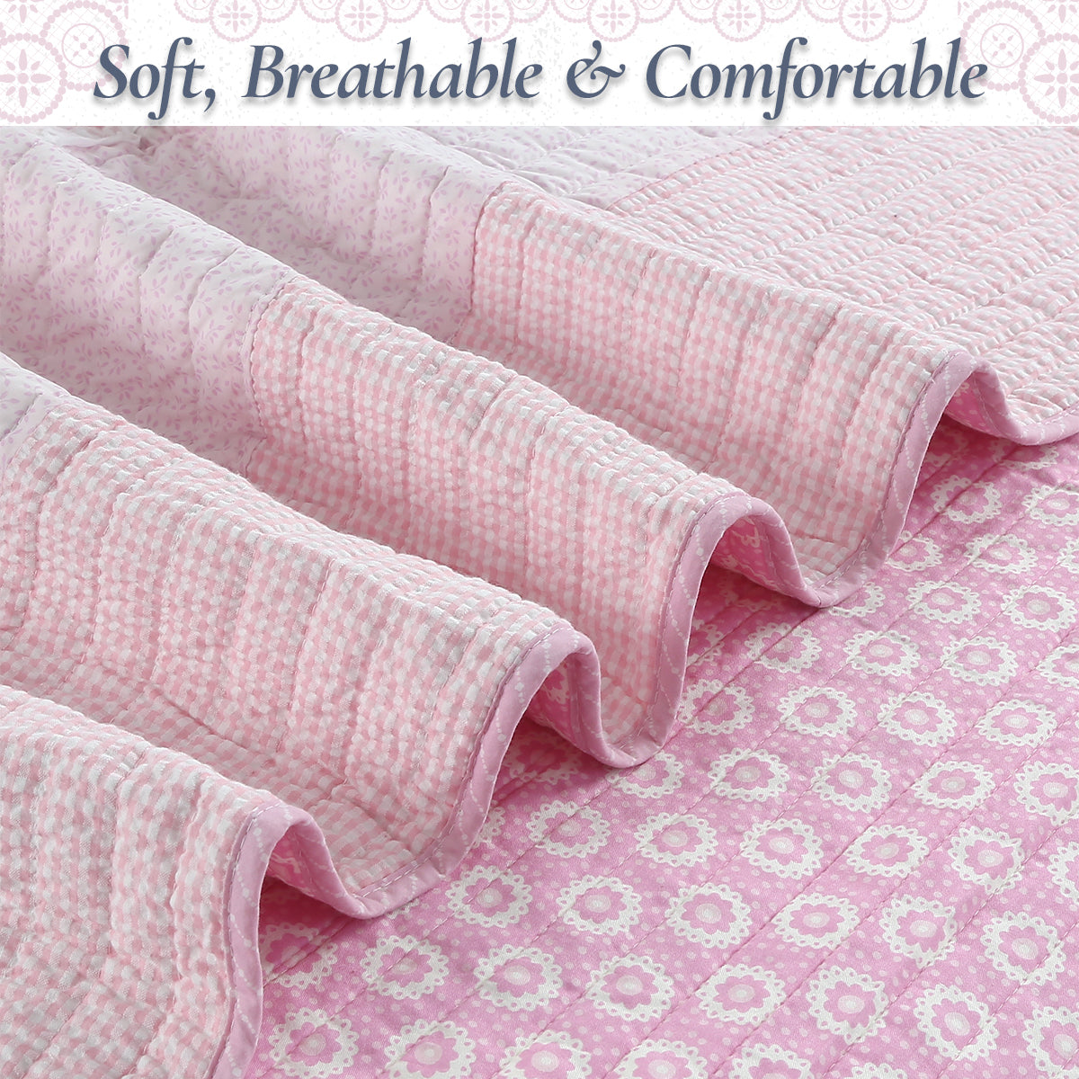 Pink Floral Fun Whimsy Gingham Stripe Cotton Quilt Bedding Set