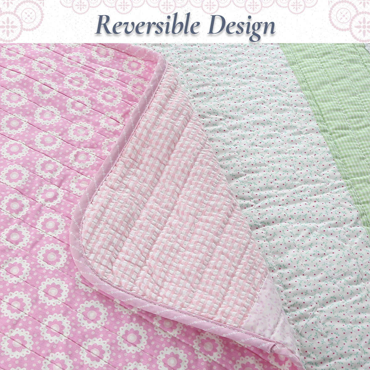 Pink Floral Fun Whimsy Gingham Stripe Cotton Quilt Bedding Set