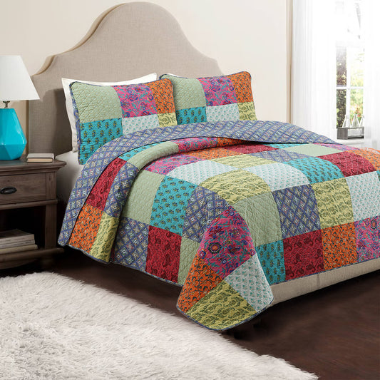 Bold Bright Multi Color Boho Floral Patchwork 3 Piece Cotton  Quilt Bedding Set