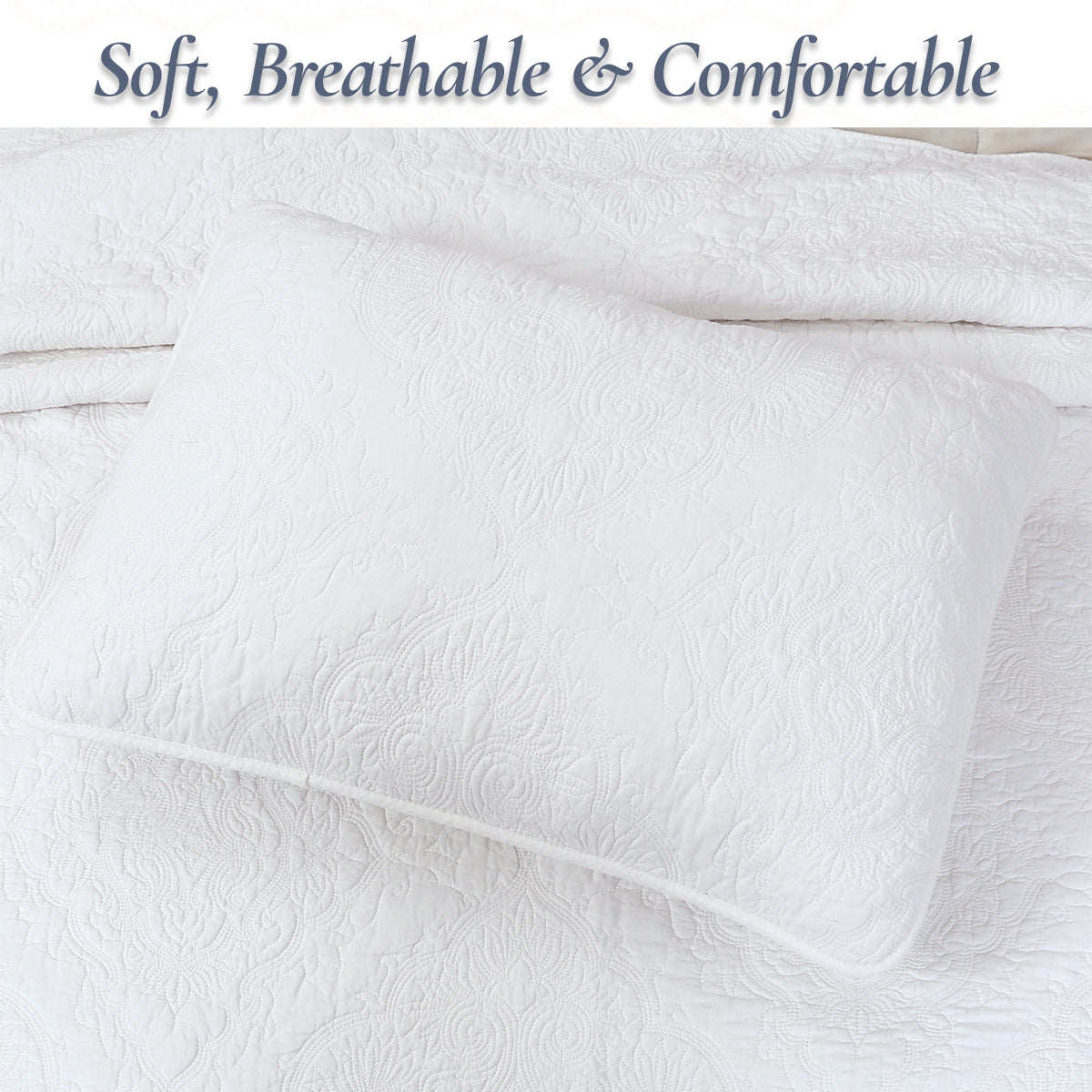 Classic Orient Damask Medallion Stitch Solid White 100% Cotton 3 Piece Quilt Bedding Set