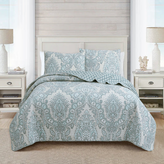 Ornate Paisley Medallion Grey Blue Cotton 3 Piece Queen Quilt Bedding Set