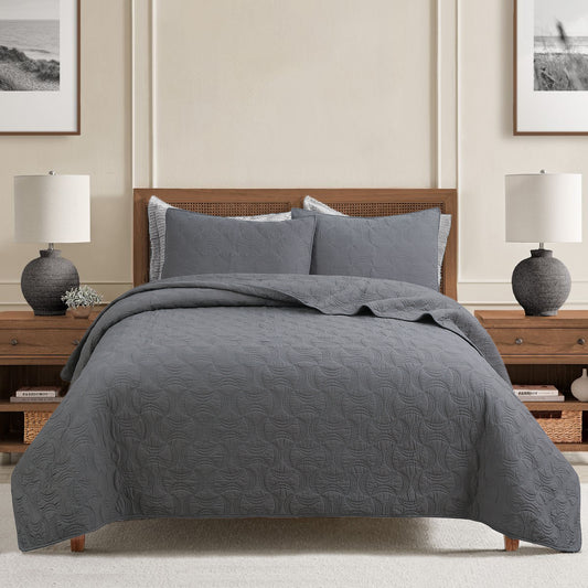 Solid Gray Spiral Swirl Pinwheel 3 Piece Cotton Quilt Bedding Set