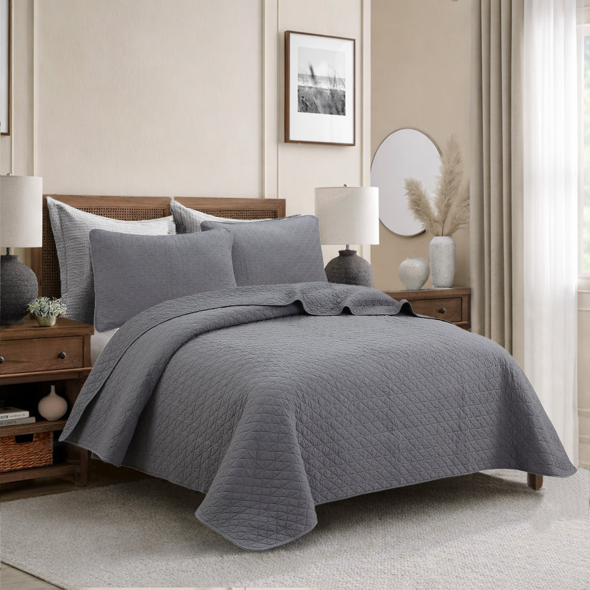 Square Checkered Crisp Clean Solid Chic Gray 3 Piece Cotton Reversible Quilt Bedding Set
