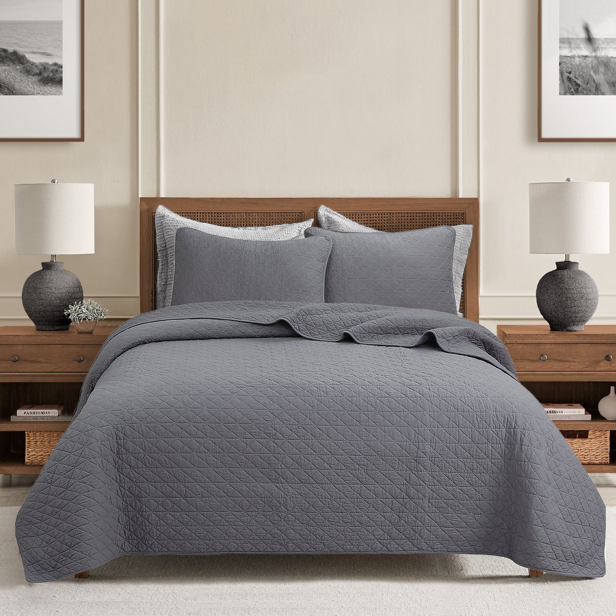 Square Checkered Crisp Clean Solid Chic Gray 3 Piece Cotton Reversible Quilt Bedding Set