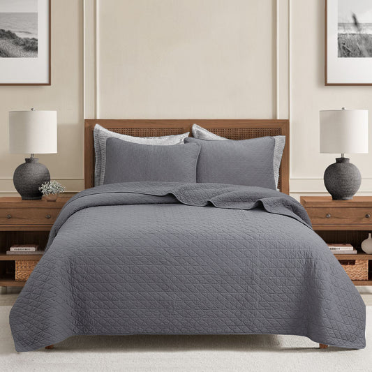 Square Checkered Crisp Clean Solid Chic Gray 3 Piece Cotton Reversible Quilt Bedding Set