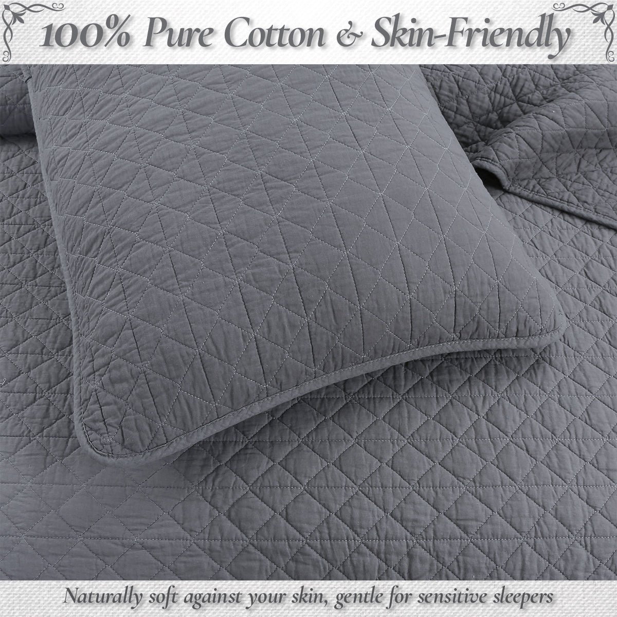Square Checkered Crisp Clean Solid Chic Gray 3 Piece Cotton Reversible Quilt Bedding Set