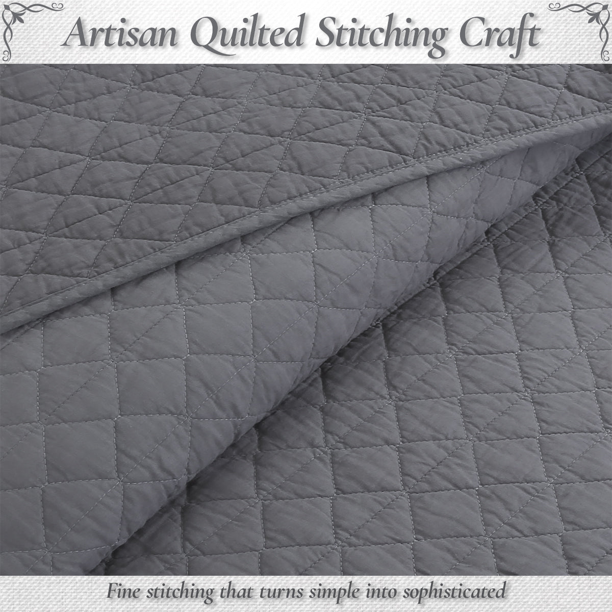 Square Checkered Crisp Clean Solid Chic Gray 3 Piece Cotton Reversible Quilt Bedding Set