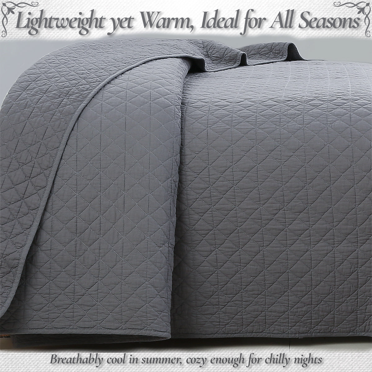 Square Checkered Crisp Clean Solid Chic Gray 3 Piece Cotton Reversible Quilt Bedding Set