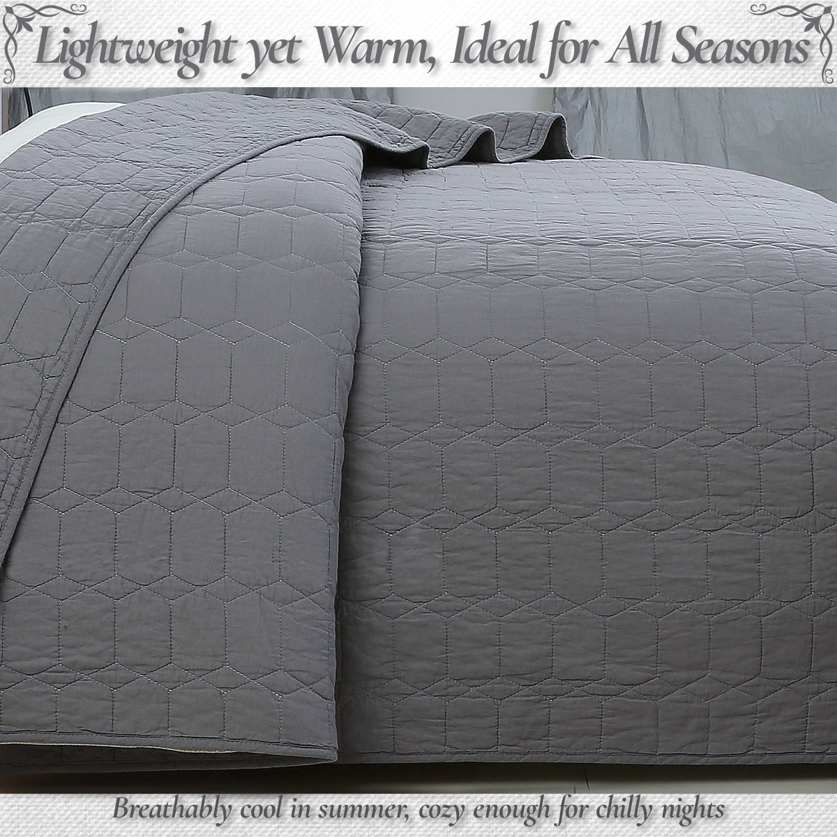 Diamond Honeycomb Solid Chic Gray 3 Piece Cotton Reversible Quilt Bedding Set