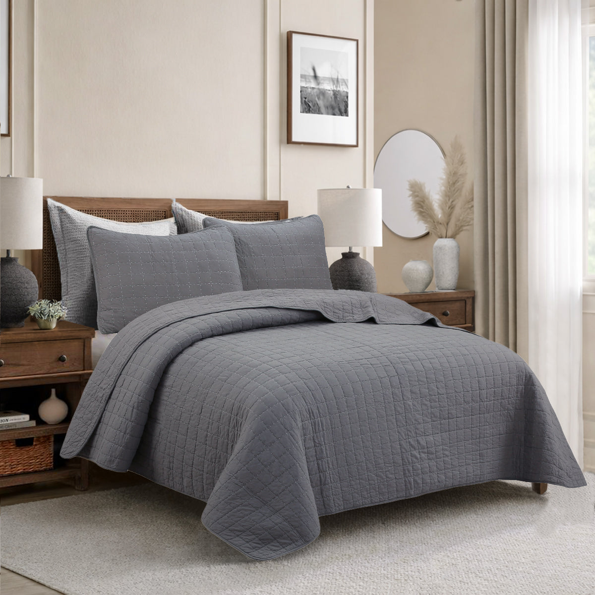 Solid Chic Gray Square Gingham Checkered 3 Piece Cotton Reversible Quilt Bedding Set