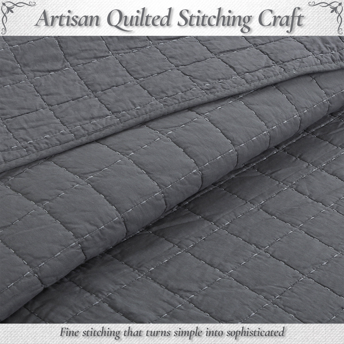Solid Chic Gray Square Gingham Checkered 3 Piece Cotton Reversible Quilt Bedding Set