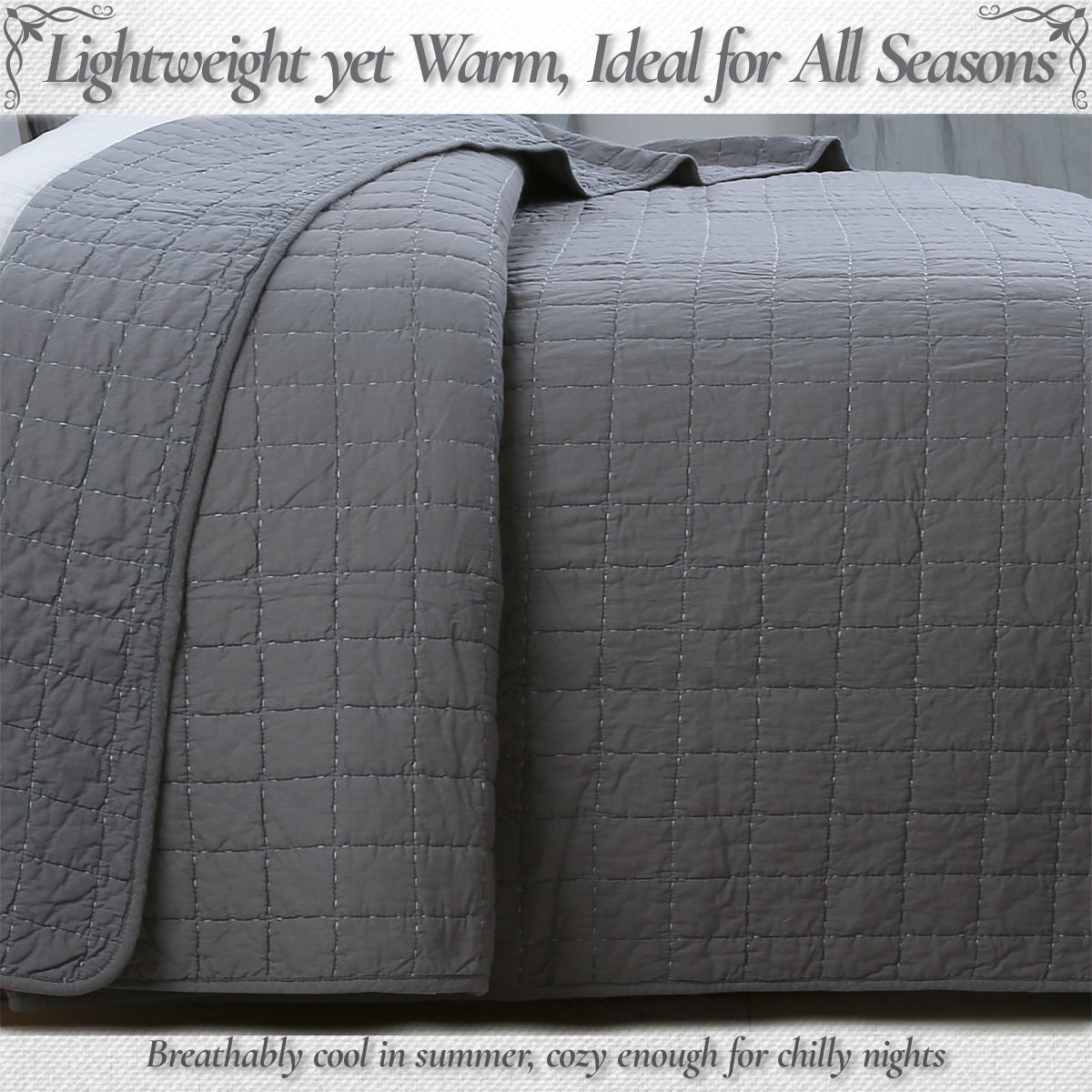 Solid Chic Gray Square Gingham Checkered 3 Piece Cotton Reversible Quilt Bedding Set