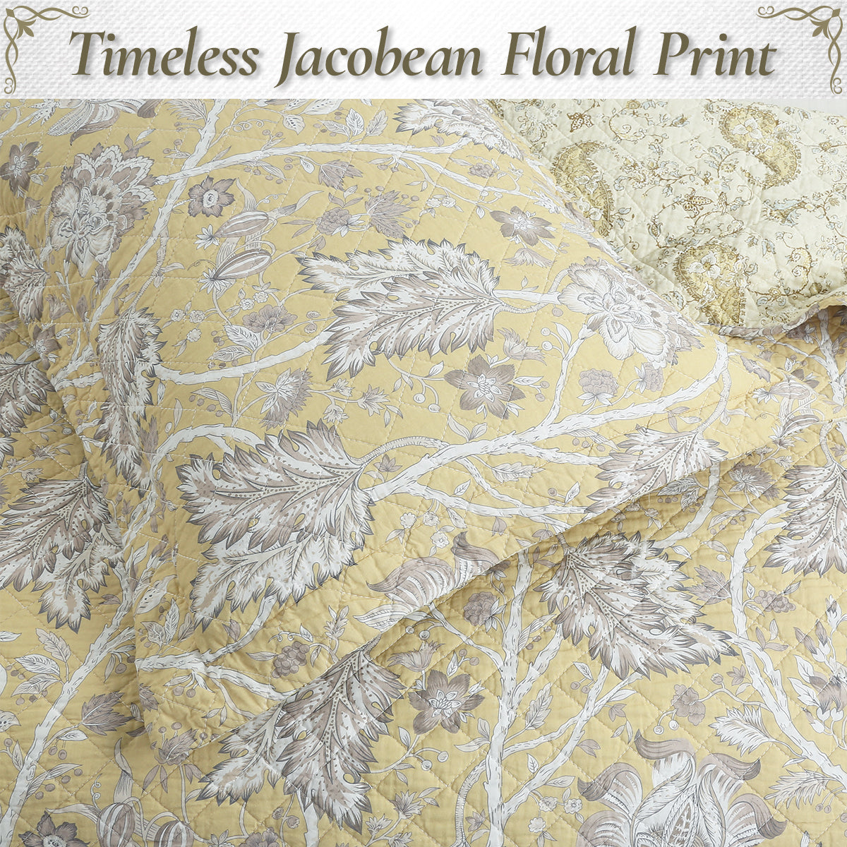 Flaxen Yellow Tan Brown Floral 3 Piece Cotton Quilt Bedding Set
