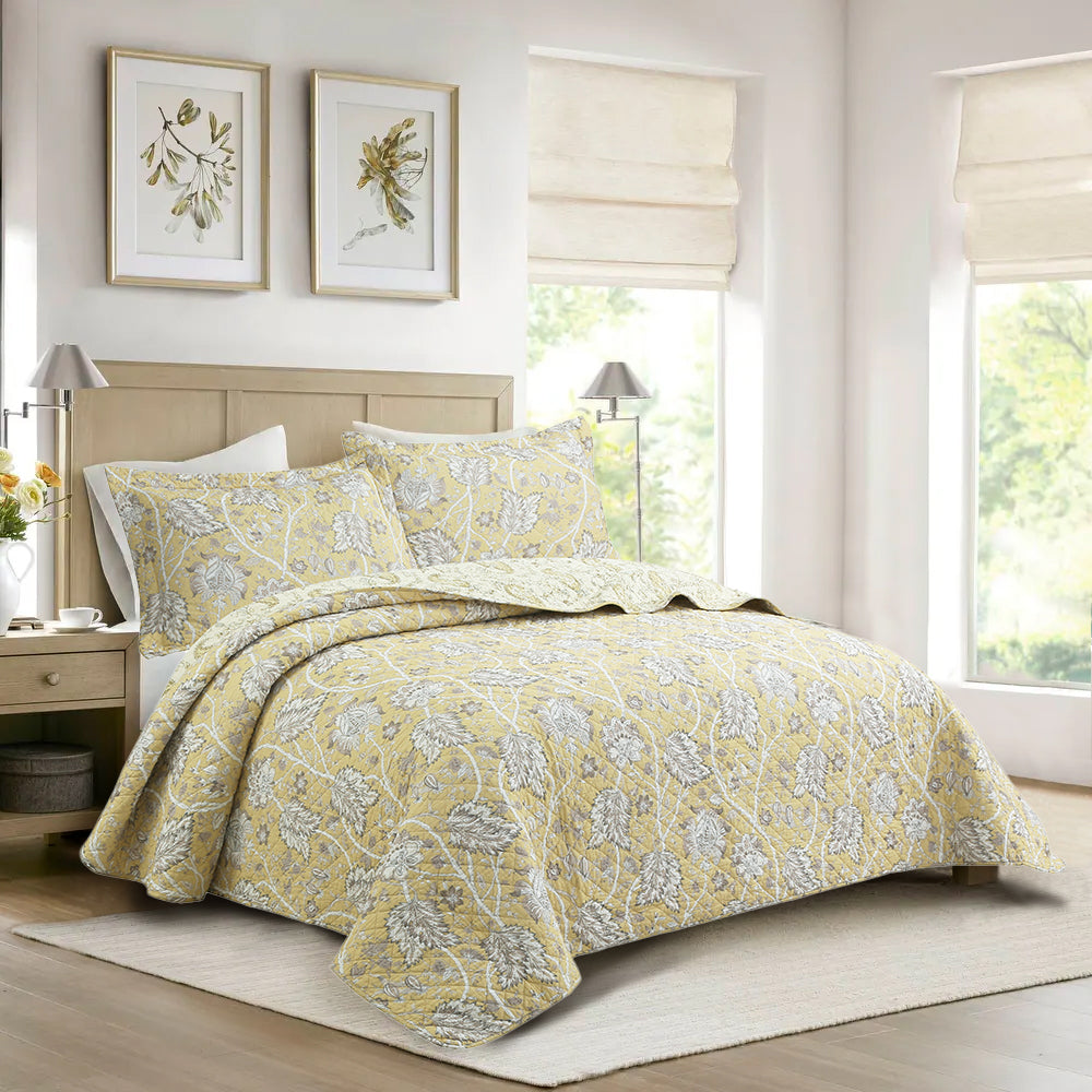 Flaxen Yellow Tan Brown Floral 3 Piece Cotton Quilt Bedding Set