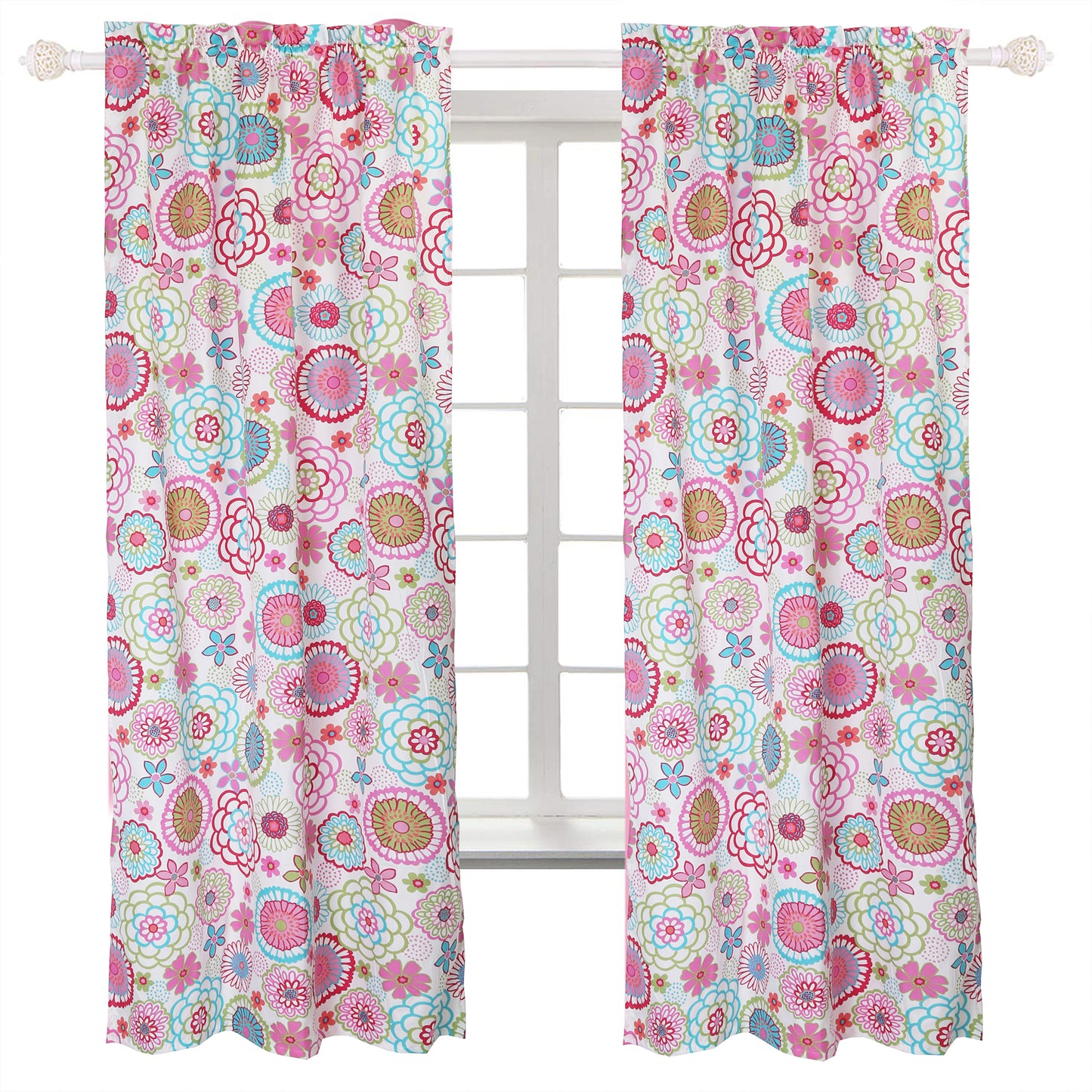 Mariah Pink Floral Polka Dot Bright Multi-Color Flower Window Curtain Panel/Drapes